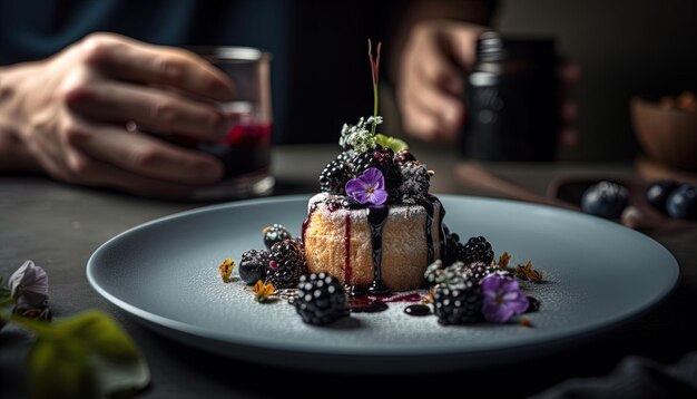 A plate with dessert and fruits on a plate decorated with flowers