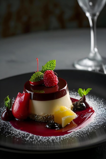 a plate with a dessert on it and a glass of wine in the background