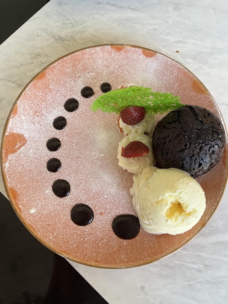 A plate with a dessert on it