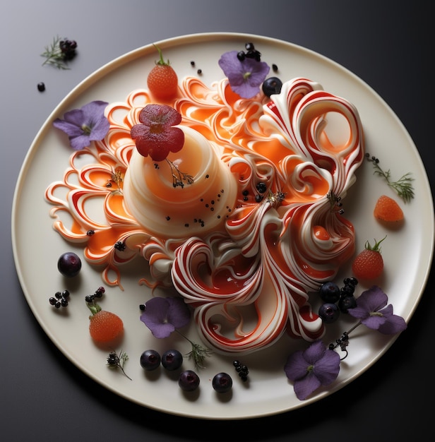 Foto un piatto con un dessert decorato con turbinii ai