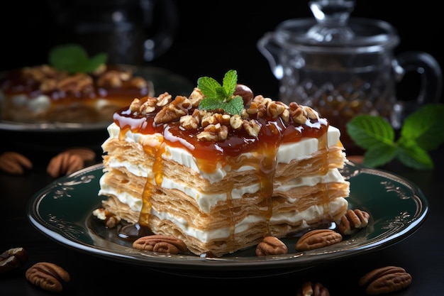 A plate with a dessert with nuts and a glass of ice cream.