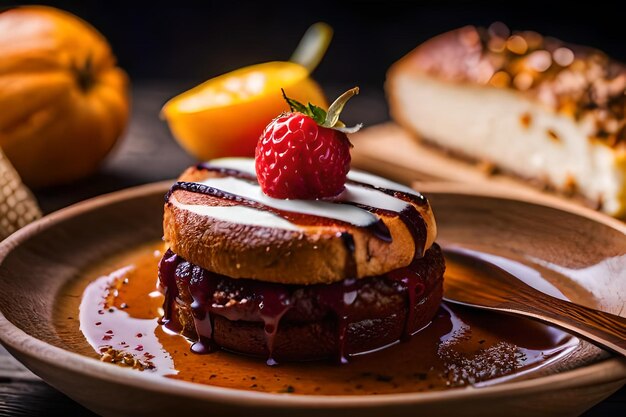 a plate with a dessert with a strawberry on it and a knife on it