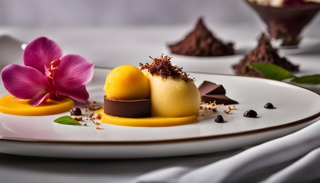 a plate with desserts and a flower on it