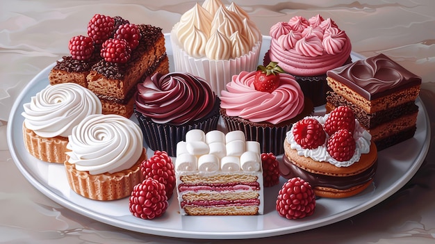 Foto piatto con diverse torte marshmallows dessert illustrazione in primo piano