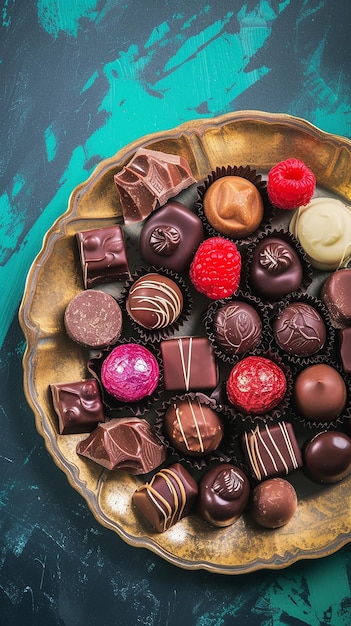 Photo plate with different chocolate on colored background