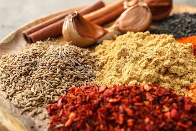 Plate with different spices, closeup