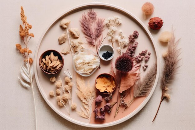 A plate with different types of food including a variety of dried fruits and spices.