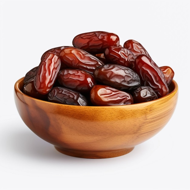 Plate with dried dates on white background