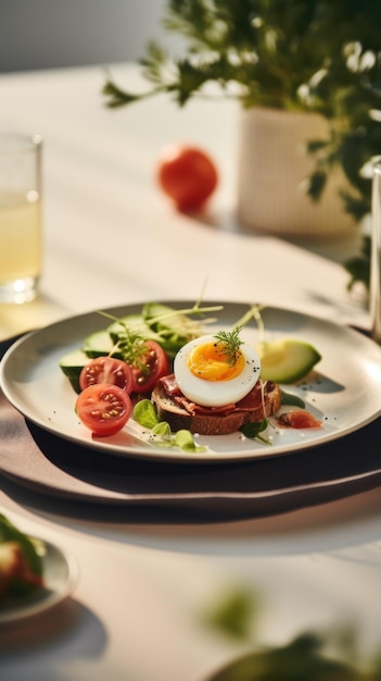 A plate with an egg tomatoes and cucumber on it ai