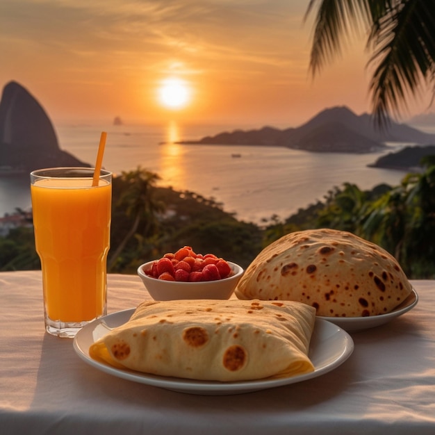Plate with filled roti glass of fresh fruit juice and dessert background sunset Created by AI