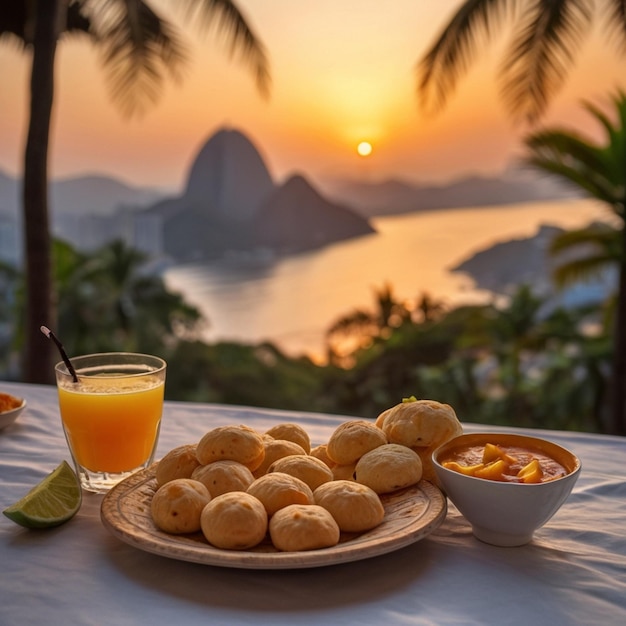 Plate with filled roti glass of fresh fruit juice and dessert background sunset Created by AI