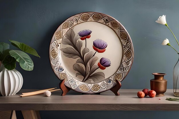 Photo a plate with a flower on it is painted on a wall.