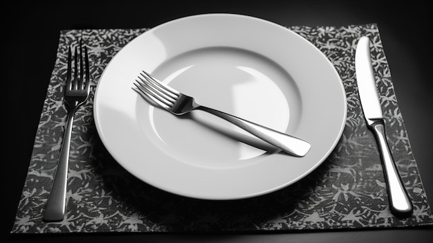 A plate with a fork on it and a placemat with a black background.