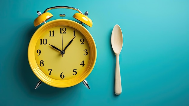 Photo a plate with fork and knife and an alarm clock on a blue background