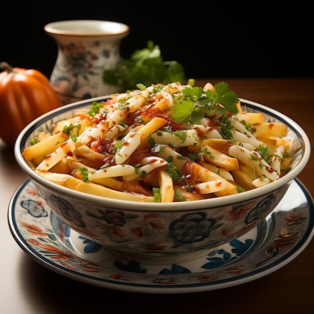 Photo a plate with french fries coleslaw green onions and tomato sauce on a white background