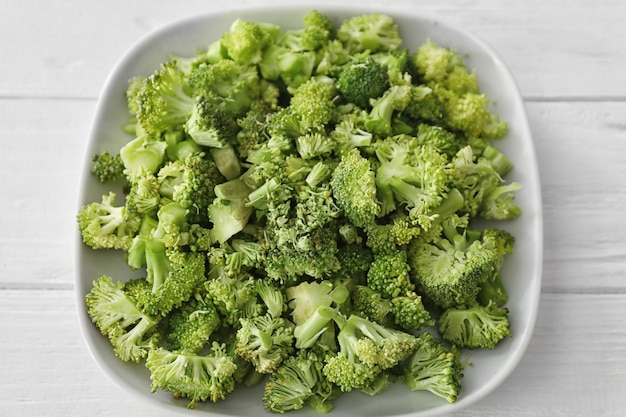 Plate with fresh chopped broccoli on white wooden background closeup