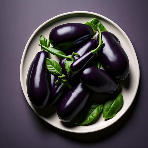 Plate with fresh eggplants on beige background