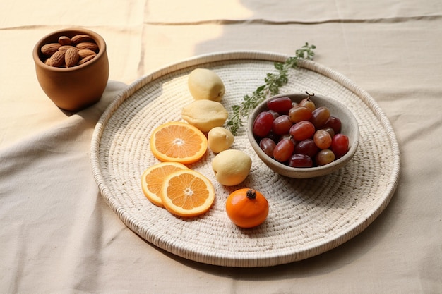 Plate with fresh food near cup and dried fruits on burlap ar c