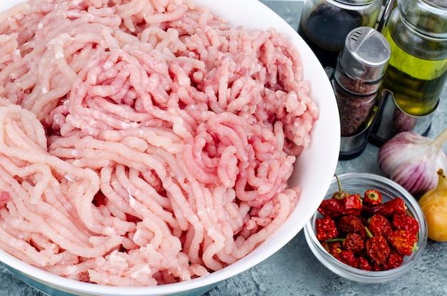 Plate with fresh minced meat, spices for cooking. Studio Photo