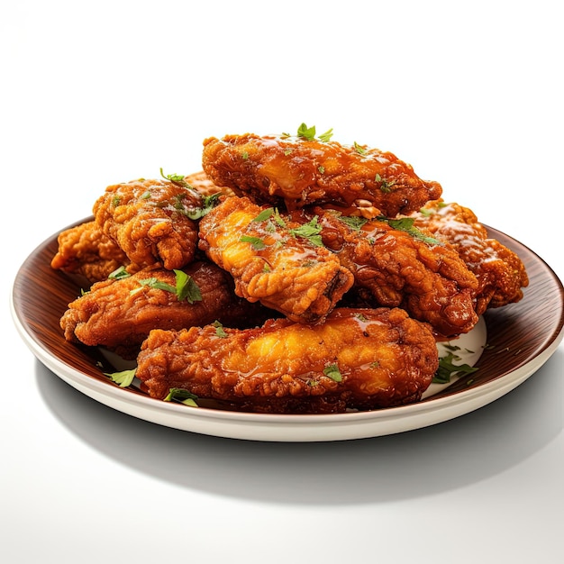 a plate with fried buffalo wings on a white background in the style of digitally enhanced