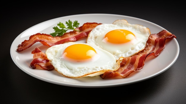 Plate with fried eggs bacon isolated on white background