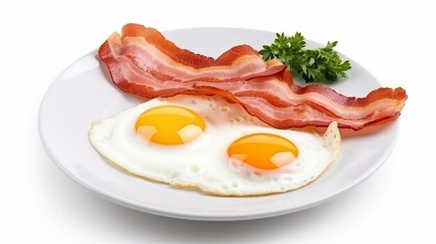 Plate with fried eggs bacon isolated on white background