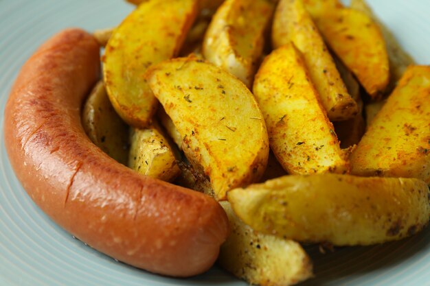 Plate with fried potato and sausage, close up