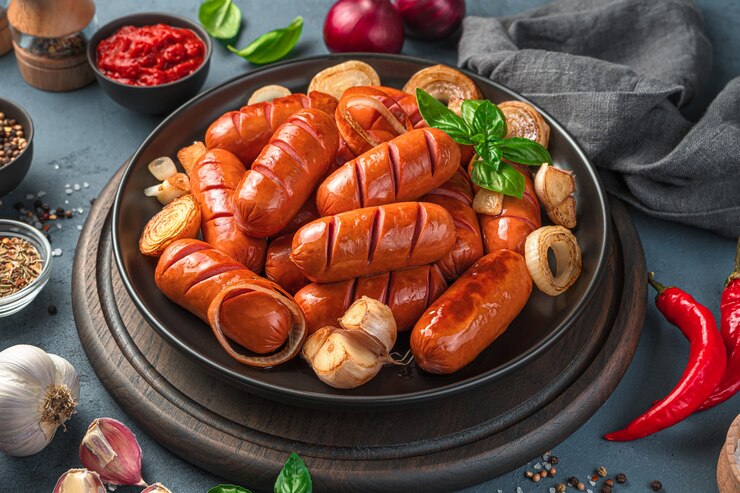 Тарелка с жареными сосисками на фоне специй, перца, чеснока и соуса. Быстрое питание. Вид сбоку, крупный план.