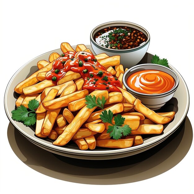 Photo a plate with fries and a spicy stew