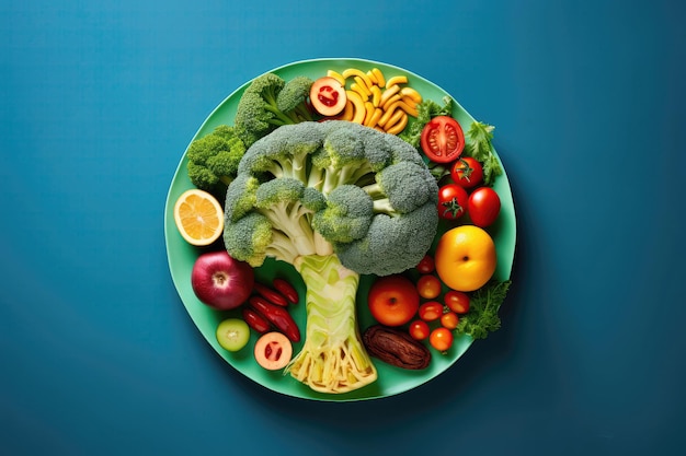 Plate With Fruits And Vegetables On Blue Background Top View