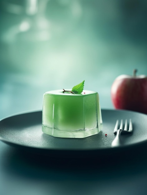 A plate with a glass with a green leaf on it