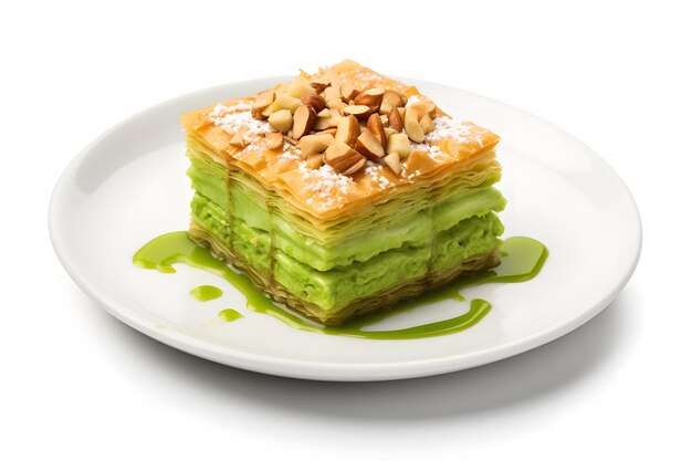 Photo a plate with a green dessert on it and nuts on it