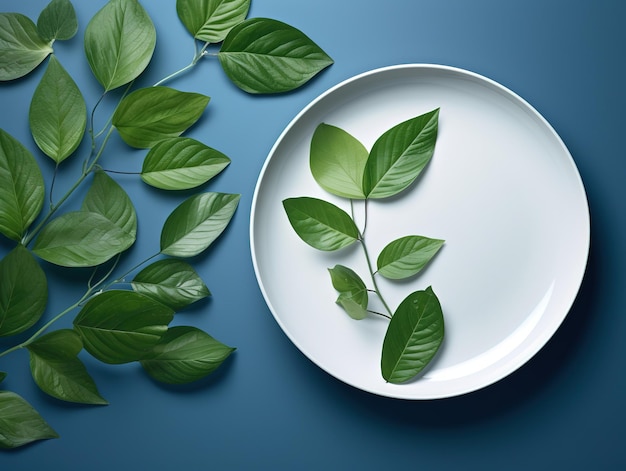 Тарелка с зелеными листьями на ней и тарелка с тарелкой с тарелкой с растением на ней