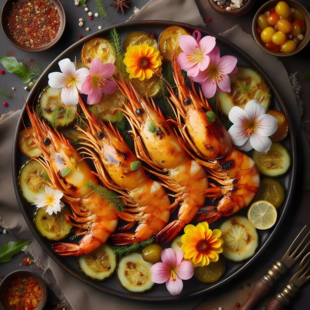 Plate with grilled shrimps on dark background top view