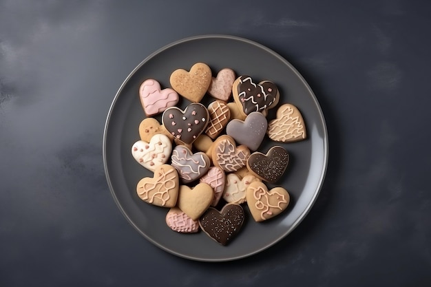 Тарелка с печеньем в форме сердца, вид сверху, десерт, созданный AI иллюстрация