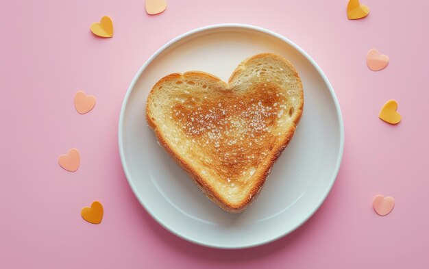 Photo plate with a heartshaped toast on the pastel background professional food photo ai generated