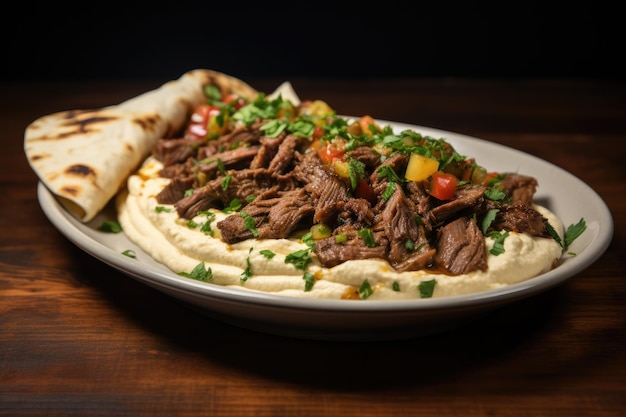 A plate with hummus and beef shawarma