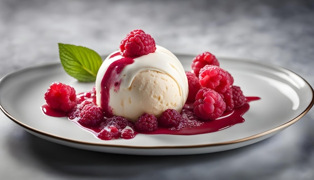 a plate with ice cream and raspberries on it