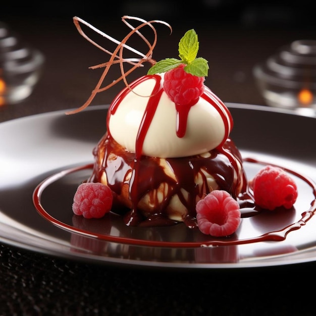 Photo a plate with ice cream and raspberries on it