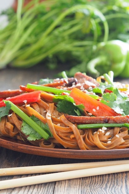 Foto piatto con spaghetti giapponesi di soba. orientamento verticale.