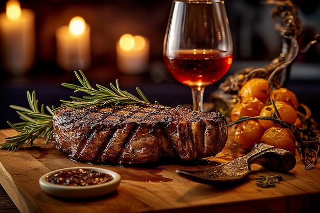 Plate with juicy steak and glass of wine on table AI Generative