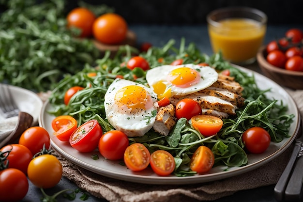 plate with a keto diet food cherry tomatoes chicken breast eggs carrot salad with