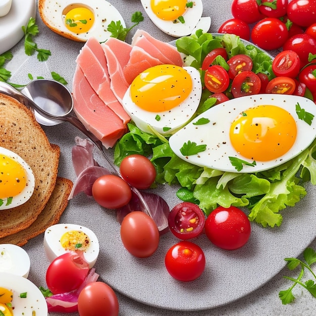 Plate with a keto diet food cherry tomatoes chicken breast eggs carrot