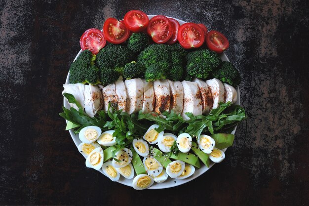 Plate with a keto diet food. A set of products for the ketogenic diet on a plate. Cherry tomatoes, boiled broccoli, steamed chicken breast, salad with arugula, avocado and quail eggs. Keto lunch.