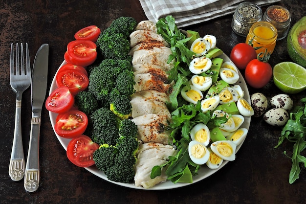 Plate with a keto diet food. A set of products for the ketogenic diet on a plate. Cherry tomatoes, boiled broccoli, steamed chicken breast, salad with arugula, avocado and quail eggs. Keto lunch.