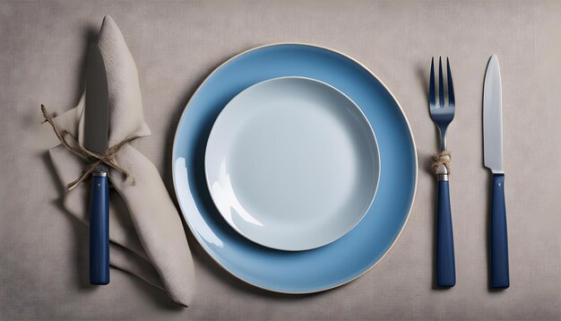 Photo a plate with a knife and fork next to a knife and a napkin