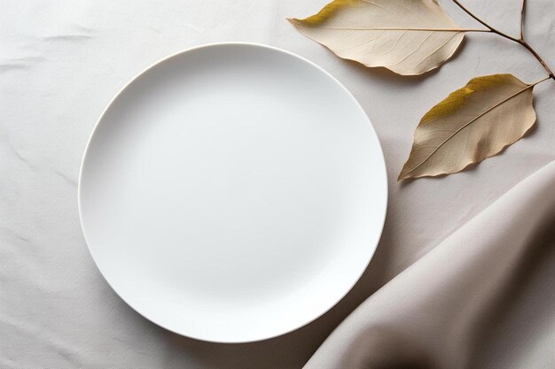 a plate with a leaf on it sits on a table