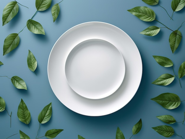 A plate with a leaf on it and the top right corner is on a blue background