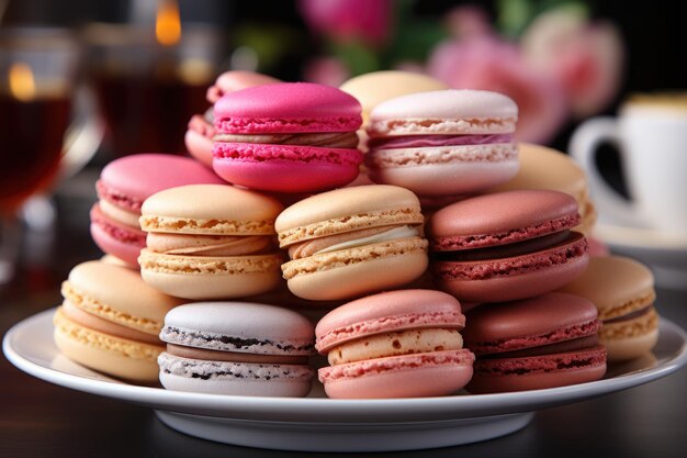 Plate with macaroons on the festive table