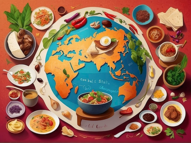 세계 지도가 적힌 접시와 수프와 기타 음식이 담긴 그릇